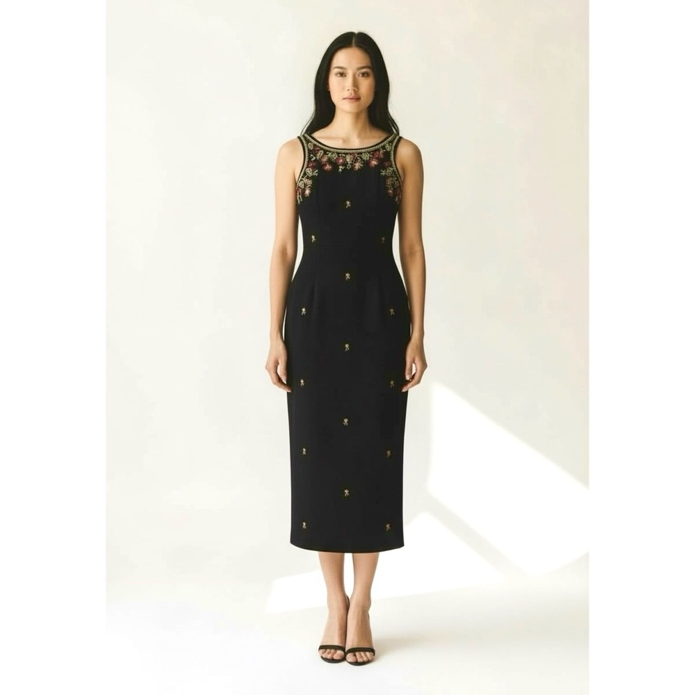 Vintage 90s Dress Black Floral Embroidered Maxi Sleeveless Size M